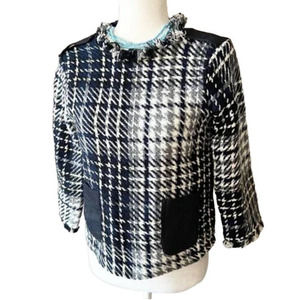 Zara Black Cream Tweed 3/4 Sleeve Blouse Shirt Large